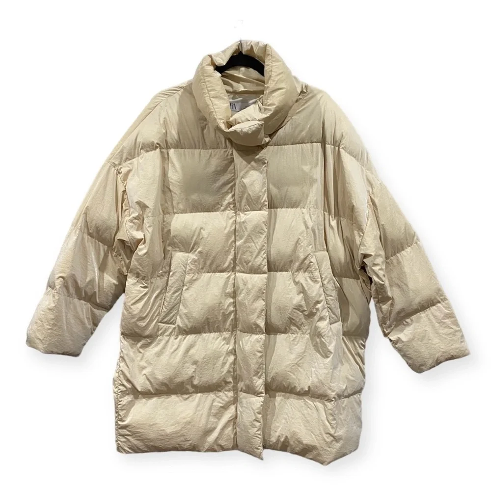 Zara Nylon Puffer Jacket Coat Cream Ivory Large - Picture 1 of 12